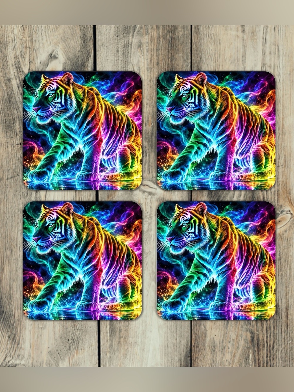 Neon Tiger Cork Back Drink Coasters Set Of 4